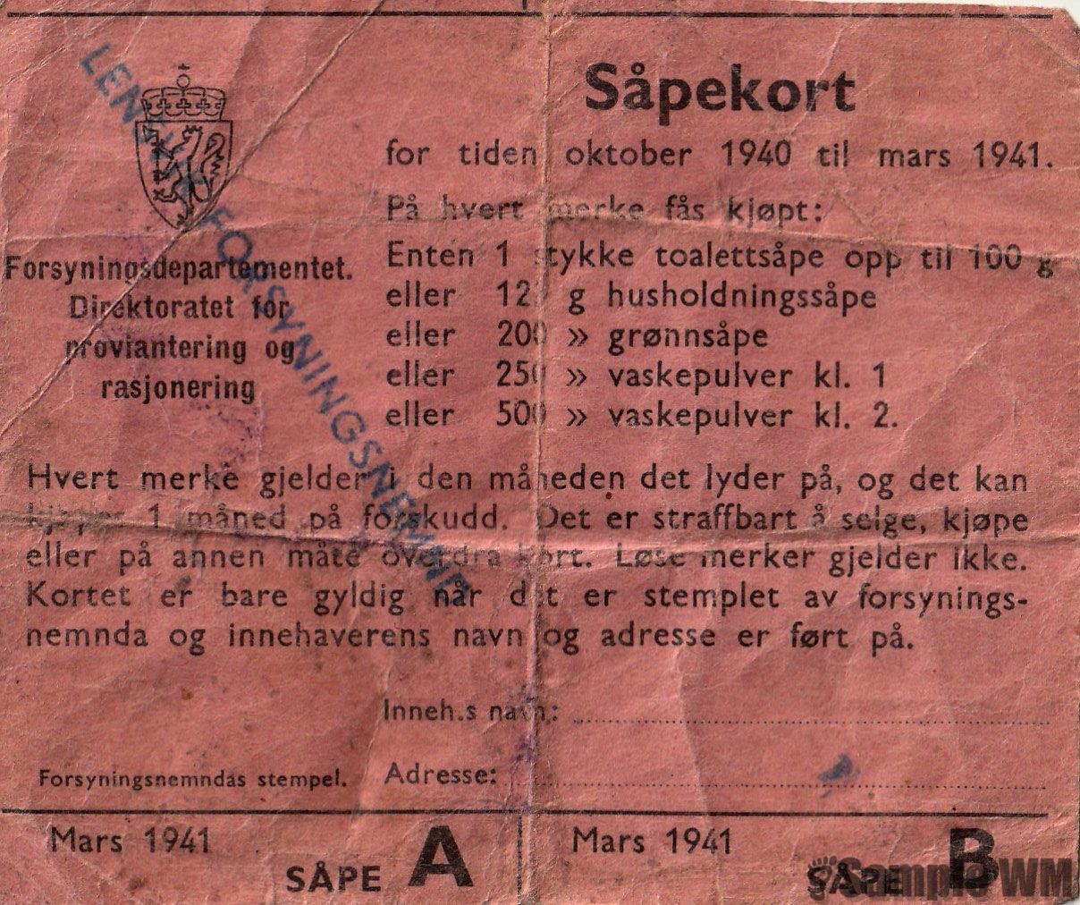 Rasjoneringskort på såpe fra 1941
